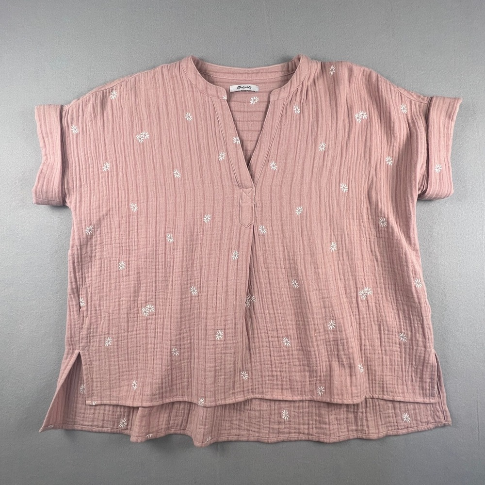Madewell Gauze Popover Top XL Pink Embroidered Floral Cotton Boho Cottagecore